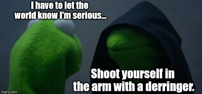 A professor walks into a campus bathroom with $100 and a two-shot derringer... | I have to let the world know I'm serious... Shoot yourself in the arm with a derringer. | image tagged in memes,evil kermit,csn charleston campus,funny | made w/ Imgflip meme maker