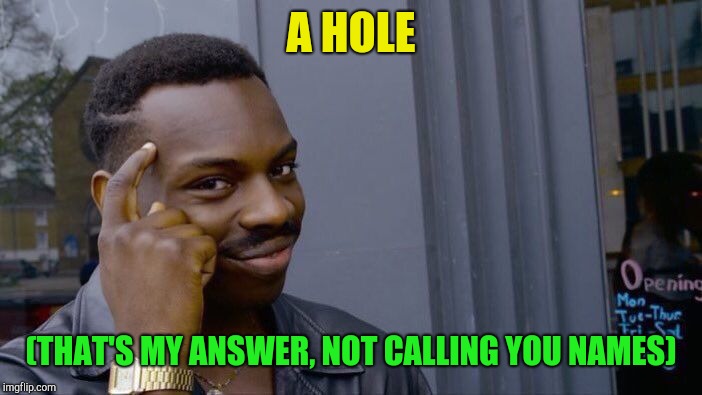 Roll Safe Think About It Meme | A HOLE (THAT'S MY ANSWER, NOT CALLING YOU NAMES) | image tagged in memes,roll safe think about it | made w/ Imgflip meme maker