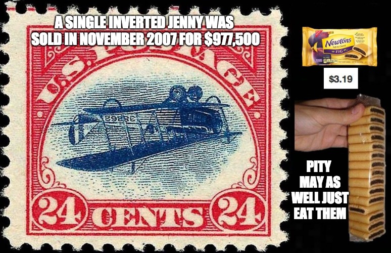 Pity, Just eat them | A SINGLE INVERTED JENNY WAS SOLD IN NOVEMBER 2007 FOR $977,500; PITY MAY AS WELL JUST EAT THEM | image tagged in jenny,fig newtons | made w/ Imgflip meme maker