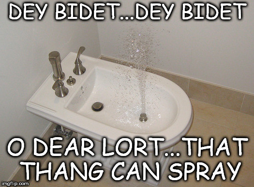 Happy Bidet | DEY BIDET...DEY BIDET; O DEAR LORT...THAT THANG CAN SPRAY | image tagged in happy bidet | made w/ Imgflip meme maker