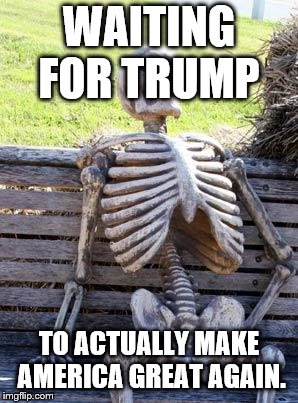 Waiting Skeleton Meme | WAITING FOR TRUMP TO ACTUALLY MAKE AMERICA GREAT AGAIN. | image tagged in memes,waiting skeleton | made w/ Imgflip meme maker