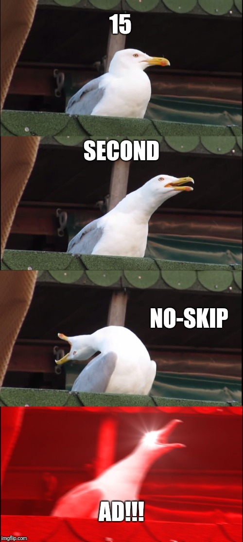 When you hit a YouTube AD. | 15; SECOND; NO-SKIP; AD!!! | image tagged in memes,inhaling seagull | made w/ Imgflip meme maker