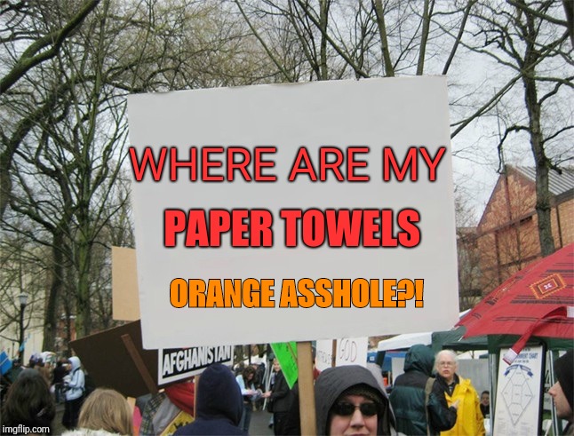 Blank protest sign | WHERE ARE MY; PAPER TOWELS; ORANGE ASSHOLE?! | image tagged in blank protest sign | made w/ Imgflip meme maker