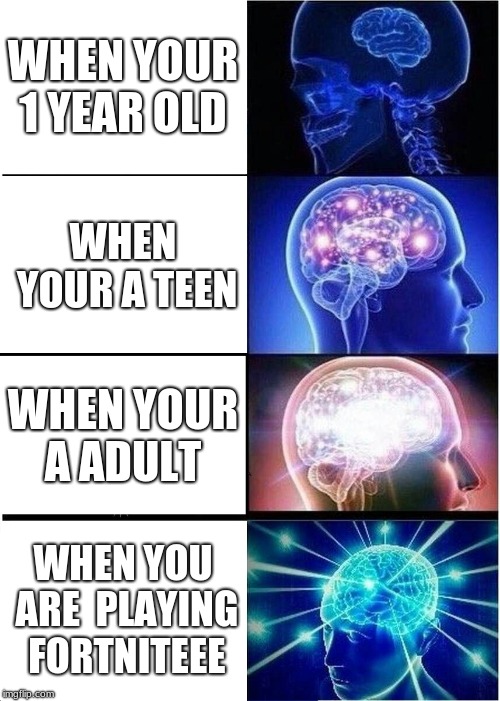 Expanding Brain Meme | WHEN YOUR 1 YEAR OLD; WHEN YOUR A TEEN; WHEN YOUR A ADULT; WHEN YOU ARE  PLAYING FORTNITEEE | image tagged in memes,expanding brain | made w/ Imgflip meme maker