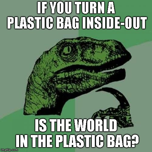 Philosoraptor Meme | IF YOU TURN A PLASTIC BAG INSIDE-OUT; IS THE WORLD IN THE PLASTIC BAG? | image tagged in memes,philosoraptor | made w/ Imgflip meme maker