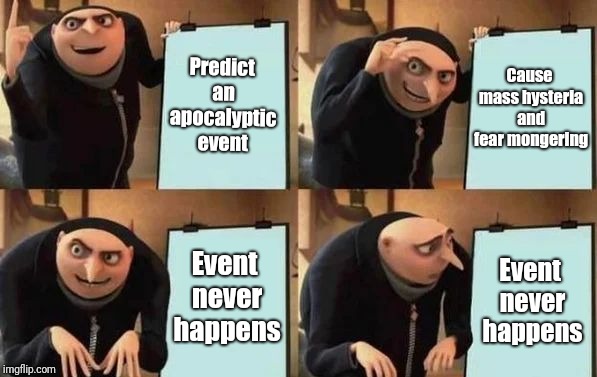 How do you explain this to everyone? | Predict an apocalyptic event; Cause mass hysteria and fear mongering; Event never happens; Event never happens | image tagged in gru's plan | made w/ Imgflip meme maker
