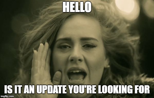 adele hello | HELLO; IS IT AN UPDATE YOU'RE LOOKING FOR | image tagged in adele hello | made w/ Imgflip meme maker