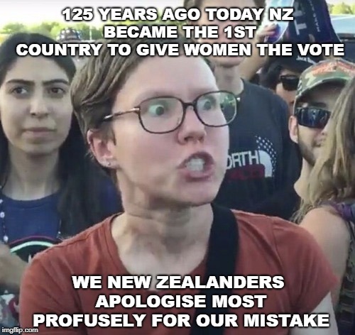 Triggered feminist | 125 YEARS AGO TODAY
NZ BECAME THE 1ST COUNTRY TO GIVE WOMEN THE VOTE; WE NEW ZEALANDERS APOLOGISE MOST PROFUSELY FOR OUR MISTAKE | image tagged in triggered feminist | made w/ Imgflip meme maker