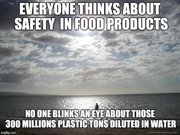 Well, diluted is not the word since plastic just becomes smaller but you get what I mean anyways. | EVERYONE THINKS ABOUT SAFETY  IN FOOD PRODUCTS; NO ONE BLINKS AN EYE ABOUT THOSE 300 MILLIONS PLASTIC TONS DILUTED IN WATER | image tagged in alone water | made w/ Imgflip meme maker