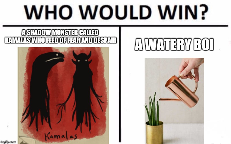 i'm not a fan of fran bow, I just ran out of ideas | A SHADOW MONSTER CALLED KAMALAS WHO FEED OF FEAR AND DESPAIR; A WATERY BOI | image tagged in memes,who would win,fran bow,kamalas hate water | made w/ Imgflip meme maker