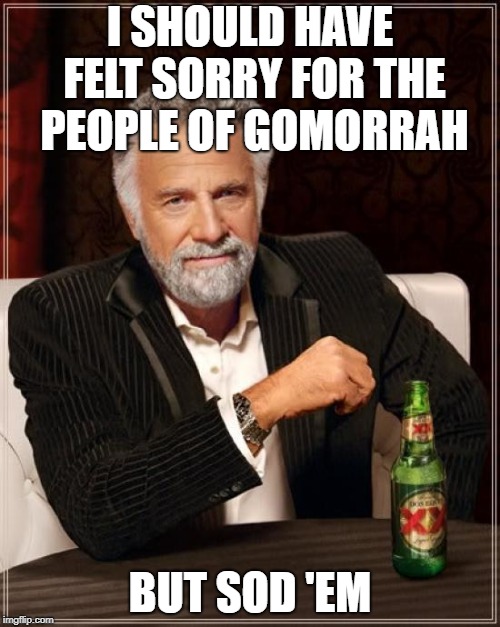 It's a testament to the guy... | I SHOULD HAVE FELT SORRY FOR THE PEOPLE OF GOMORRAH; BUT SOD 'EM | image tagged in memes,the most interesting man in the world,old testament | made w/ Imgflip meme maker