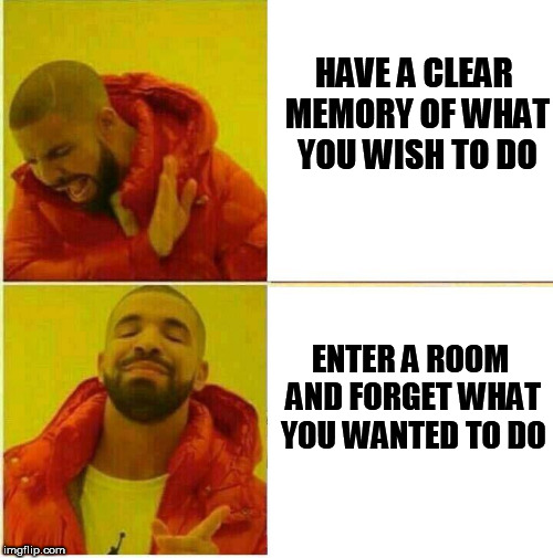 Scumbag brain | HAVE A CLEAR MEMORY OF WHAT YOU WISH TO DO; ENTER A ROOM AND FORGET WHAT YOU WANTED TO DO | image tagged in drake approves,forget | made w/ Imgflip meme maker