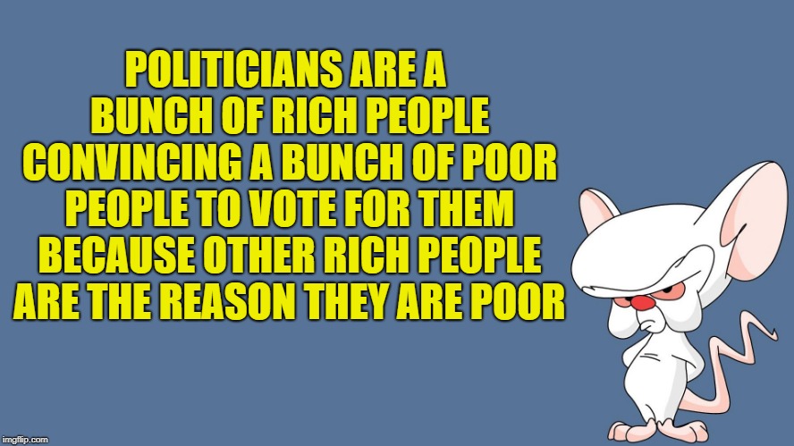 politicians  | POLITICIANS ARE A BUNCH OF RICH PEOPLE CONVINCING A BUNCH OF POOR PEOPLE TO VOTE FOR THEM BECAUSE OTHER RICH PEOPLE ARE THE REASON THEY ARE POOR | image tagged in the brain,true | made w/ Imgflip meme maker