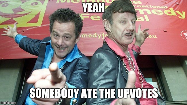 Dodgy Brothers | YEAH; SOMEBODY ATE THE UPVOTES | image tagged in dodgy brothers | made w/ Imgflip meme maker