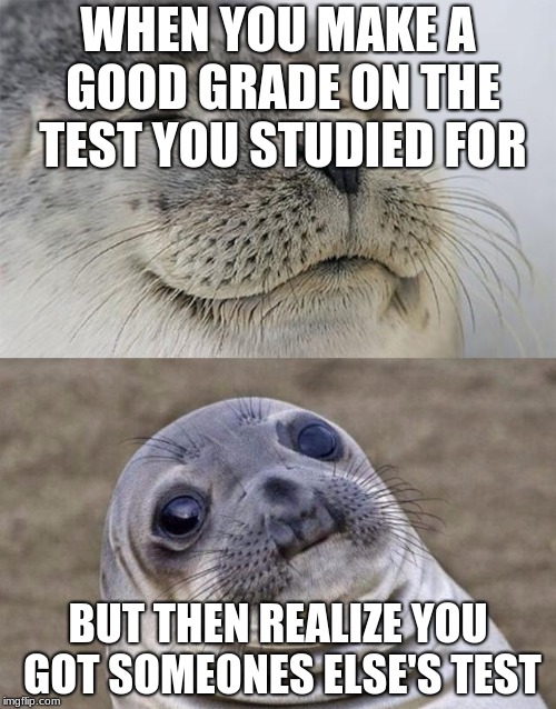 Short Satisfaction VS Truth Meme | WHEN YOU MAKE A GOOD GRADE ON THE TEST YOU STUDIED FOR; BUT THEN REALIZE YOU GOT SOMEONES ELSE'S TEST | image tagged in memes,short satisfaction vs truth | made w/ Imgflip meme maker