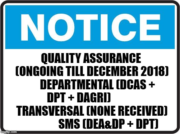 Notice | QUALITY ASSURANCE (ONGOING TILL DECEMBER 2018) 
    DEPARTMENTAL (DCAS + DPT + DAGRI)             
TRANSVERSAL (NONE RECEIVED)                
SMS (DEA&DP + DPT) | image tagged in notice | made w/ Imgflip meme maker