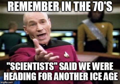 Picard Wtf Meme | REMEMBER IN THE 70'S; "SCIENTISTS" SAID WE WERE HEADING FOR ANOTHER ICE AGE | image tagged in memes,picard wtf | made w/ Imgflip meme maker