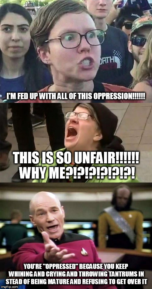 Not that hard to comprehend | I'M FED UP WITH ALL OF THIS OPPRESSION!!!!!! THIS IS SO UNFAIR!!!!!! WHY ME?!?!?!?!?!?! YOU'RE "OPPRESSED" BECAUSE YOU KEEP WHINING AND CRYING AND THROWING TANTRUMS IN STEAD OF BEING MATURE AND REFUSING TO GET OVER IT | image tagged in triggered liberal,picard wtf,get over it,immature | made w/ Imgflip meme maker