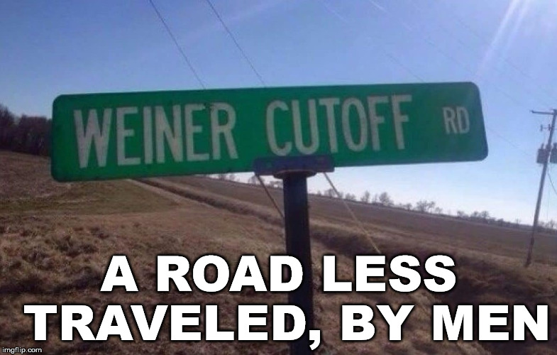 I think Lorena Bobbitt lived on this road.... | A ROAD LESS TRAVELED, BY MEN | image tagged in memes,funny road signs,funny street signs,funny meme,street signs | made w/ Imgflip meme maker
