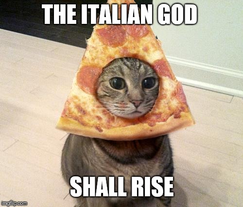 pizza cat | THE ITALIAN GOD SHALL RISE | image tagged in pizza cat | made w/ Imgflip meme maker