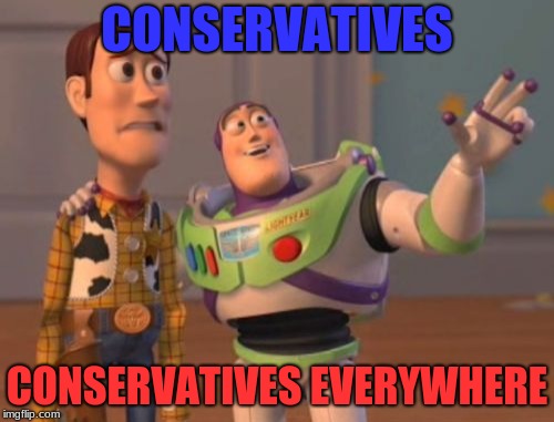 me showing a friend this website | CONSERVATIVES; CONSERVATIVES EVERYWHERE | image tagged in memes,x x everywhere,conservatives,politics,funny | made w/ Imgflip meme maker