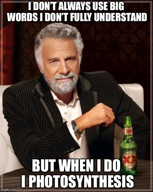 The Most Interesting Man In The World | I DON’T ALWAYS USE BIG WORDS I DON’T FULLY UNDERSTAND; BUT WHEN I DO I PHOTOSYNTHESIS | image tagged in memes,the most interesting man in the world | made w/ Imgflip meme maker