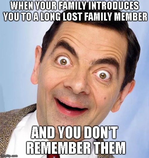 no more | WHEN YOUR FAMILY INTRODUCES YOU TO A LONG LOST FAMILY MEMBER; AND YOU DON'T REMEMBER THEM | image tagged in mr bean | made w/ Imgflip meme maker