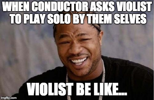 Yo Dawg Heard You Meme | WHEN CONDUCTOR ASKS VIOLIST TO PLAY SOLO BY THEM SELVES; VIOLIST BE LIKE... | image tagged in memes,yo dawg heard you | made w/ Imgflip meme maker