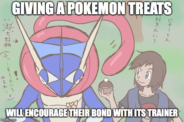 Giving Greninja a Pokepuff | GIVING A POKEMON TREATS; WILL ENCOURAGE THEIR BOND WITH ITS TRAINER | image tagged in pokemon,greninja,memes,pokepuff | made w/ Imgflip meme maker