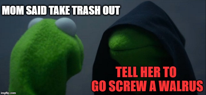 Evil Kermit Meme | MOM SAID TAKE TRASH OUT TELL HER TO GO SCREW A WALRUS | image tagged in memes,evil kermit | made w/ Imgflip meme maker
