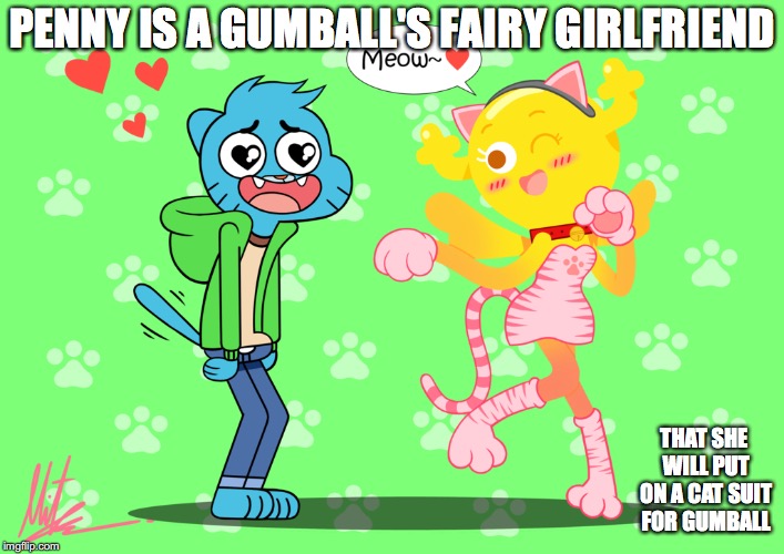 Penny With Cat Costume | PENNY IS A GUMBALL'S FAIRY GIRLFRIEND; THAT SHE WILL PUT ON A CAT SUIT FOR GUMBOIL | image tagged in costume,penny,the amazing world of gumball,gumball watterson,memes | made w/ Imgflip meme maker