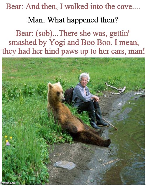 Meanwhile, in Jellystone Park.... | Bear: And then, I walked into the cave.... Man: What happened then? Bear: (sob)...There she was, gettin' smashed by Yogi and Boo Boo. I mean, they had her hind paws up to her ears, man! | image tagged in yogi bear,boo boo,bear,funny memes,funny meme | made w/ Imgflip meme maker