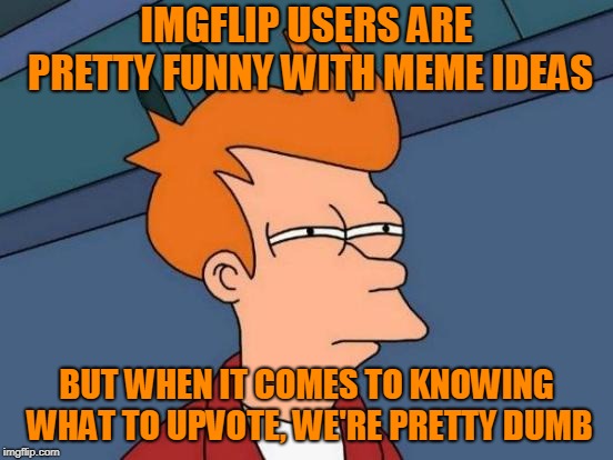 Futurama Fry Meme | IMGFLIP USERS ARE PRETTY FUNNY WITH MEME IDEAS BUT WHEN IT COMES TO KNOWING WHAT TO UPVOTE, WE'RE PRETTY DUMB | image tagged in memes,futurama fry | made w/ Imgflip meme maker