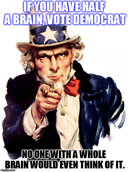 Uncle Sam Meme | IF YOU HAVE HALF A BRAIN, VOTE DEMOCRAT; NO ONE WITH A WHOLE BRAIN WOULD EVEN THINK OF IT. | image tagged in memes,uncle sam | made w/ Imgflip meme maker