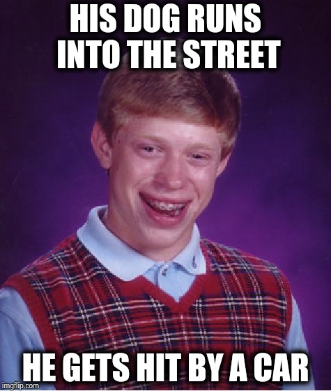 Bad Luck Brian Meme | HIS DOG RUNS INTO THE STREET HE GETS HIT BY A CAR | image tagged in memes,bad luck brian | made w/ Imgflip meme maker