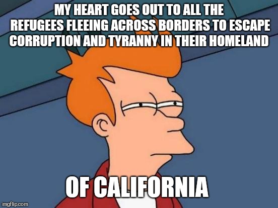Futurama Fry | MY HEART GOES OUT TO ALL THE REFUGEES FLEEING ACROSS BORDERS TO ESCAPE CORRUPTION AND TYRANNY IN THEIR HOMELAND; OF CALIFORNIA | image tagged in memes,futurama fry,california refugees | made w/ Imgflip meme maker