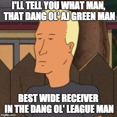 Dang ol' Boomhauer | I'LL TELL YOU WHAT MAN, THAT DANG OL' AJ GREEN MAN; BEST WIDE RECEIVER IN THE DANG OL' LEAGUE MAN | image tagged in dang ol' boomhauer | made w/ Imgflip meme maker