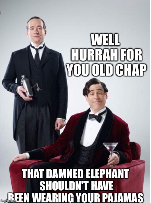 WELL HURRAH FOR YOU OLD CHAP THAT DAMNED ELEPHANT SHOULDN'T HAVE BEEN WEARING YOUR PAJAMAS | made w/ Imgflip meme maker