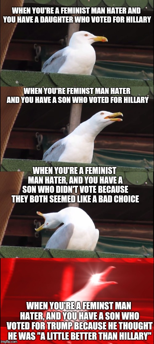 Inhaling Seagull Meme | WHEN YOU'RE A FEMINIST MAN HATER AND YOU HAVE A DAUGHTER WHO VOTED FOR HILLARY; WHEN YOU'RE FEMINST MAN HATER AND YOU HAVE A SON WHO VOTED FOR HILLARY; WHEN YOU'RE A FEMINIST MAN HATER, AND YOU HAVE A SON WHO DIDN'T VOTE BECAUSE THEY BOTH SEEMED LIKE A BAD CHOICE; WHEN YOU'RE A FEMINST MAN HATER, AND YOU HAVE A SON WHO VOTED FOR TRUMP BECAUSE HE THOUGHT HE WAS "A LITTLE BETTER THAN HILLARY" | image tagged in memes,inhaling seagull | made w/ Imgflip meme maker