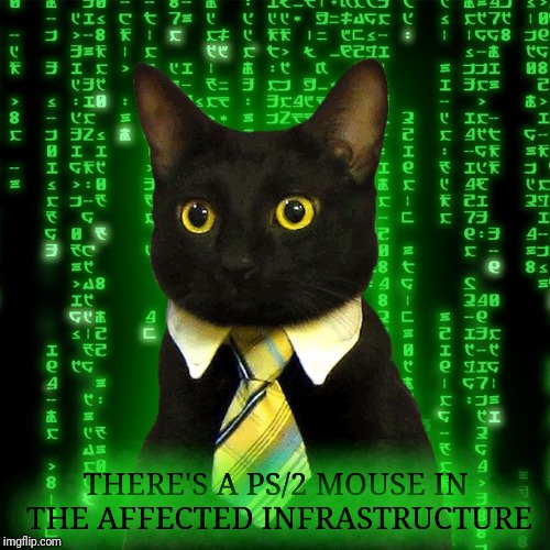 Business Cat Matrix | THERE'S A PS/2 MOUSE IN THE AFFECTED INFRASTRUCTURE | image tagged in business cat matrix | made w/ Imgflip meme maker