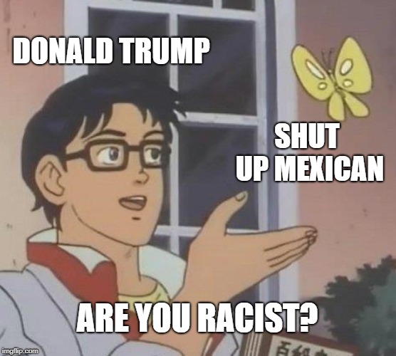 Is This A Pigeon | DONALD TRUMP; SHUT UP MEXICAN; ARE YOU RACIST? | image tagged in memes,is this a pigeon | made w/ Imgflip meme maker