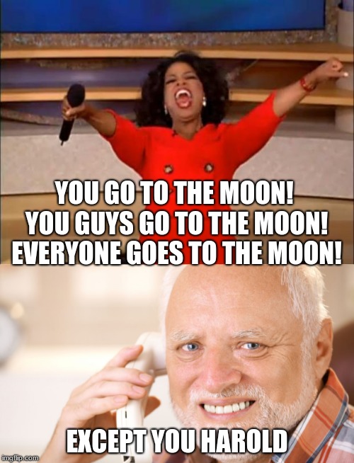 I heard about the Jap going to the moon with artists | YOU GO TO THE MOON! YOU GUYS GO TO THE MOON! EVERYONE GOES TO THE MOON! EXCEPT YOU HAROLD | image tagged in memes,oprah you get a,hide the pain harold,moon | made w/ Imgflip meme maker