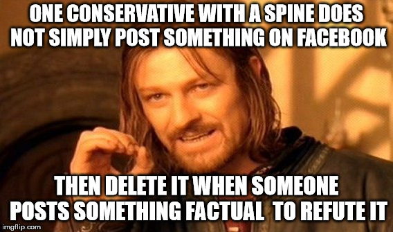 One Does Not Simply Meme | ONE CONSERVATIVE WITH A SPINE DOES NOT SIMPLY POST SOMETHING ON FACEBOOK; THEN DELETE IT WHEN SOMEONE POSTS SOMETHING FACTUAL  TO REFUTE IT | image tagged in memes,one does not simply | made w/ Imgflip meme maker