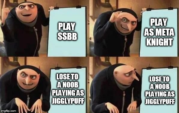 rekt by noobs | PLAY SSBB; PLAY AS META KNIGHT; LOSE TO A NOOB PLAYING AS JIGGLYPUFF; LOSE TO A NOOB PLAYING AS JIGGLYPUFF | image tagged in gru's plan,ssb,memes | made w/ Imgflip meme maker