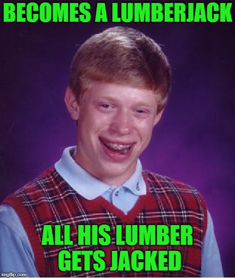 Bad Luck Brian Meme | BECOMES A LUMBERJACK ALL HIS LUMBER GETS JACKED | image tagged in memes,bad luck brian | made w/ Imgflip meme maker