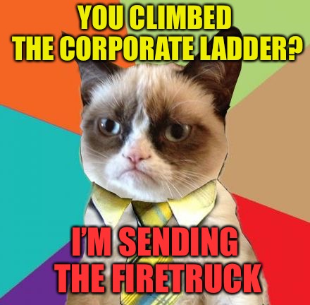 Grumpy Business Cat | YOU CLIMBED THE CORPORATE LADDER? I’M SENDING THE FIRETRUCK | image tagged in grumpy business cat,memes | made w/ Imgflip meme maker