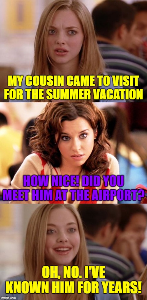 Blonde for years |  MY COUSIN CAME TO VISIT FOR THE SUMMER VACATION; HOW NICE! DID YOU MEET HIM AT THE AIRPORT? OH, NO. I'VE KNOWN HIM FOR YEARS! | image tagged in blonde pun,memes | made w/ Imgflip meme maker