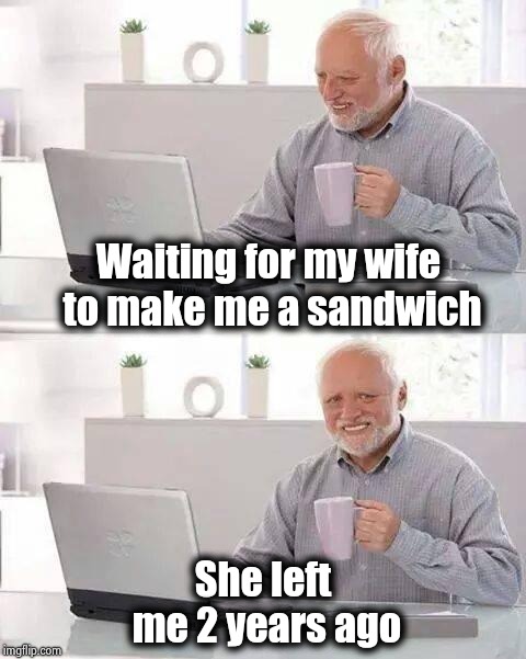 Hide the Pain Harold Meme | Waiting for my wife to make me a sandwich She left me 2 years ago | image tagged in memes,hide the pain harold | made w/ Imgflip meme maker