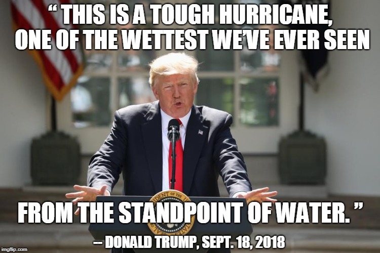 “ THIS IS A TOUGH HURRICANE, ONE OF THE WETTEST WE’VE EVER SEEN; FROM THE STANDPOINT OF WATER. ”; -- DONALD TRUMP, SEPT. 18, 2018 | image tagged in trump | made w/ Imgflip meme maker