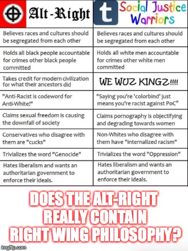 Now the true question is, is the alt-right really on the left, or are SJWs really on the right? The answer is quite obvious! | DOES THE ALT-RIGHT REALLY CONTAIN RIGHT WING PHILOSOPHY? | image tagged in sjws,alt-right,memes,gifs | made w/ Imgflip meme maker